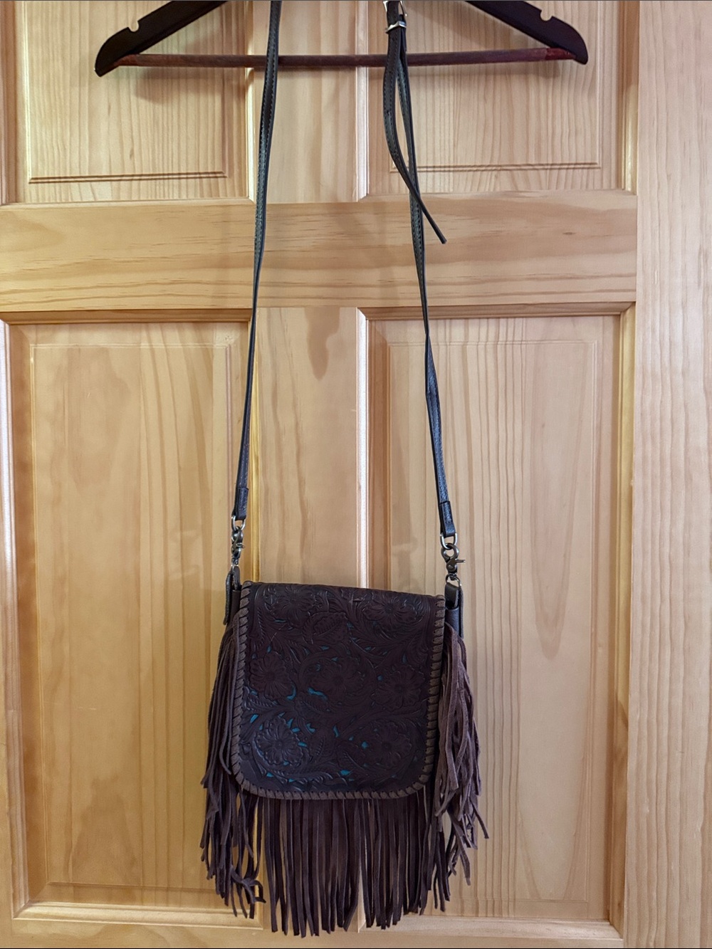 Fringed Tooled Leather Crossbody Bag in Dark Brown